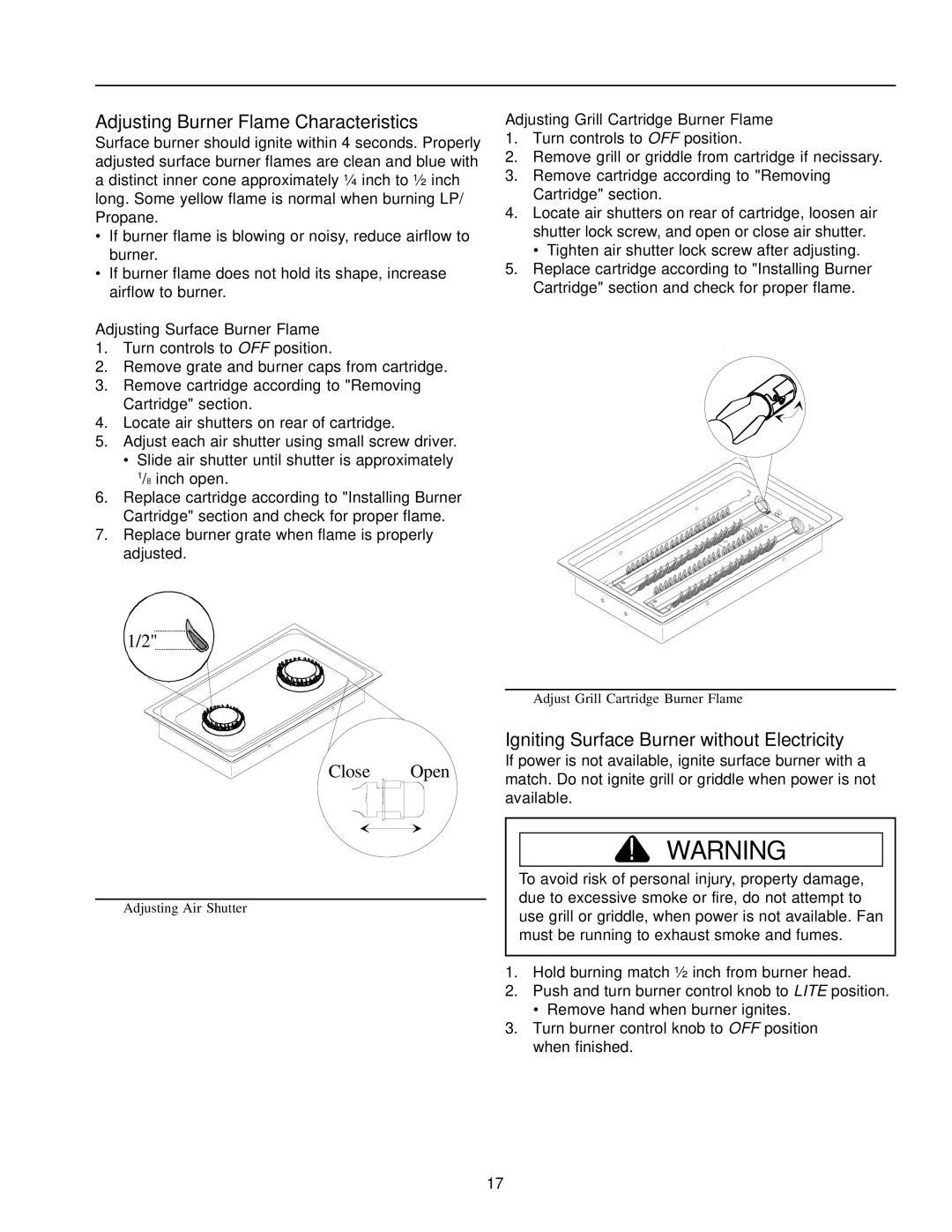 Amana AKGD3050 owner manual Adjusting Burner Flame Characteristics, Igniting Surface Burner without Electricity 