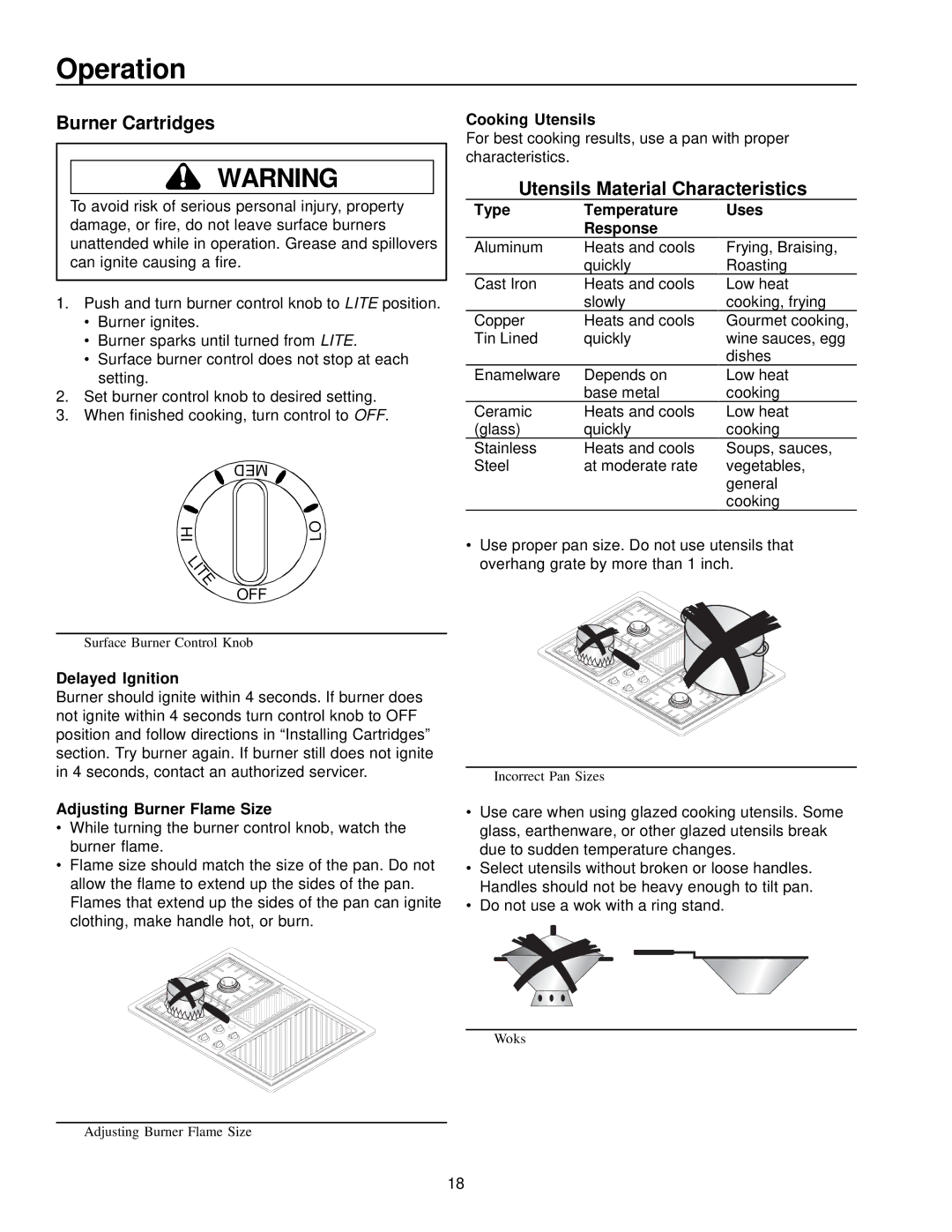 Amana AKGD3050 owner manual Operation, Burner Cartridges, Utensils Material Characteristics 