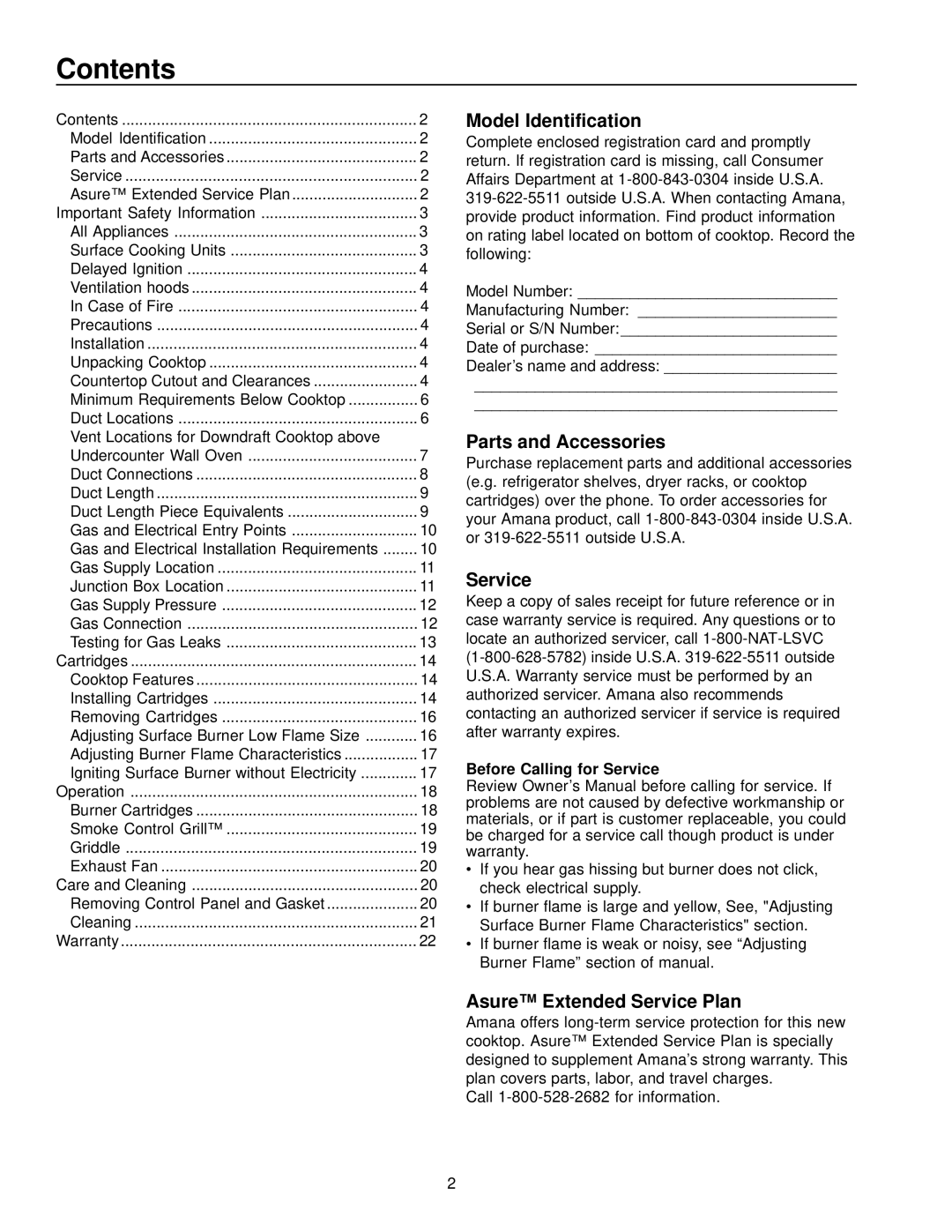 Amana AKGD3050 owner manual Contents 