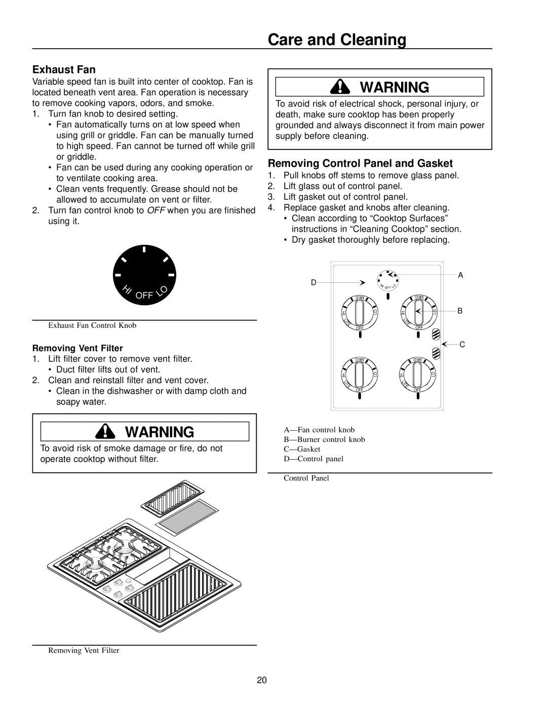 Amana AKGD3050 owner manual Care and Cleaning, Exhaust Fan, Removing Control Panel and Gasket, Removing Vent Filter 