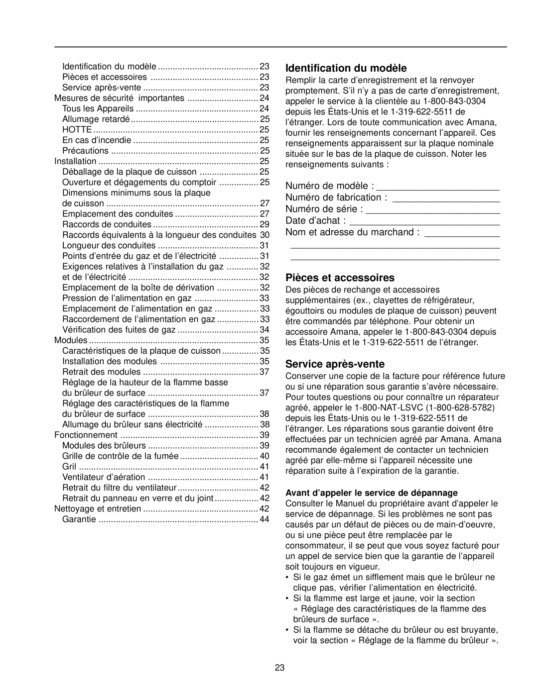 Amana AKGD3050 owner manual Identification du modèle, Pièces et accessoires, Service après-vente 