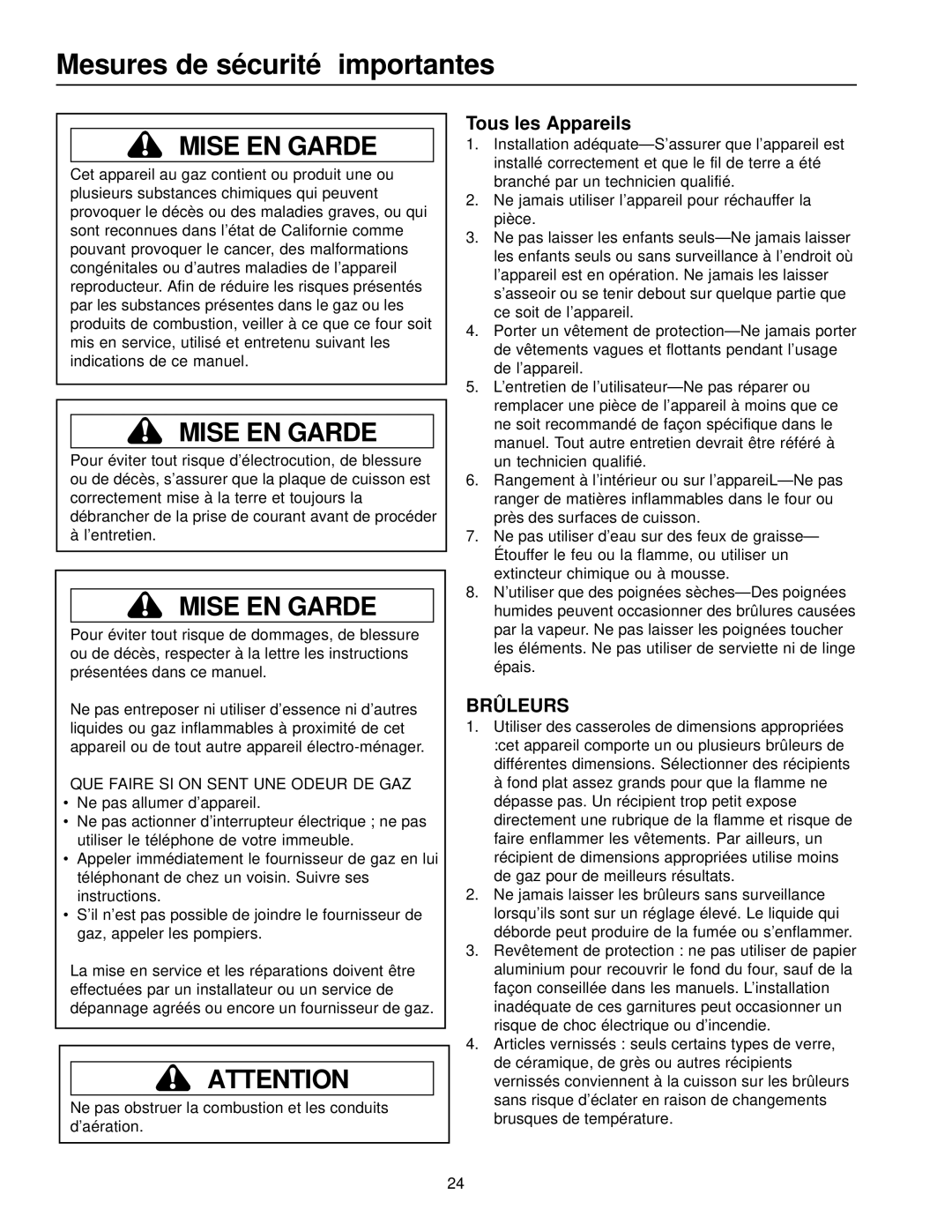 Amana AKGD3050 owner manual Mesures de sécurité importantes, Tous les Appareils 