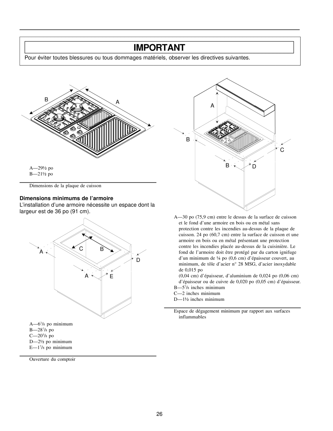 Amana AKGD3050 owner manual Dimensions minimums de l’armoire 