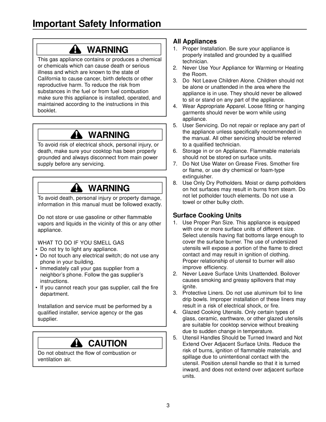 Amana AKGD3050 owner manual Important Safety Information, All Appliances, Surface Cooking Units 