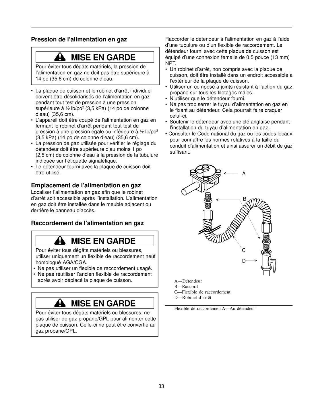 Amana AKGD3050 owner manual Pression de l’alimentation en gaz, Emplacement de l’alimentation en gaz 