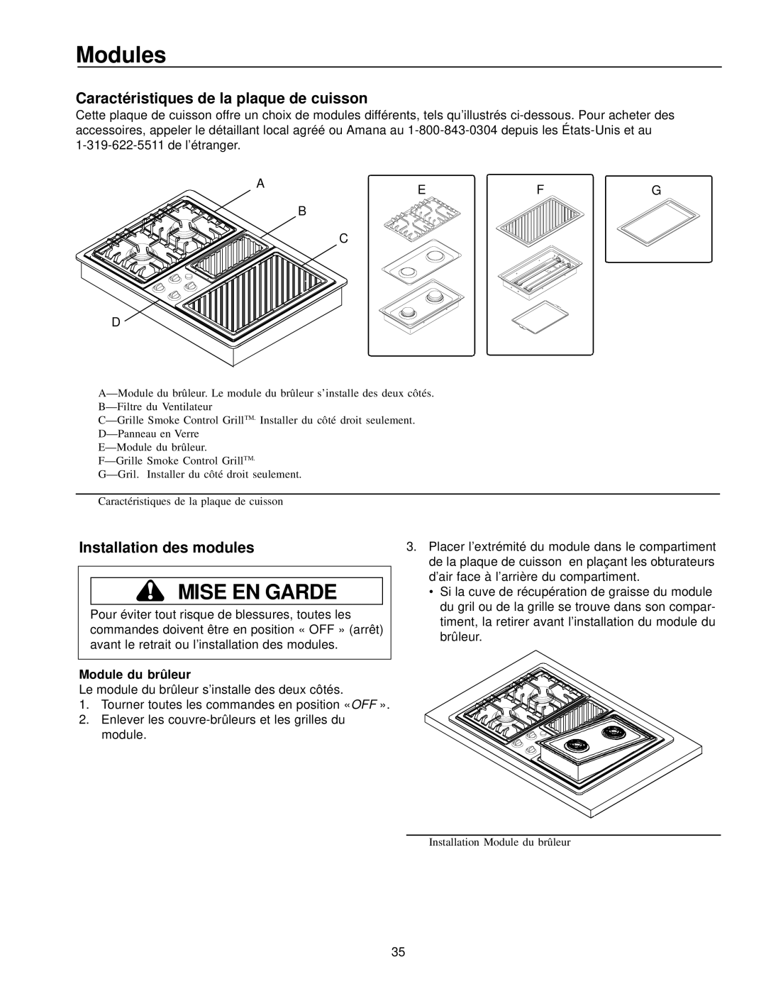 Amana AKGD3050 owner manual Modules, Caractéristiques de la plaque de cuisson, Installation des modules, Module du brûleur 