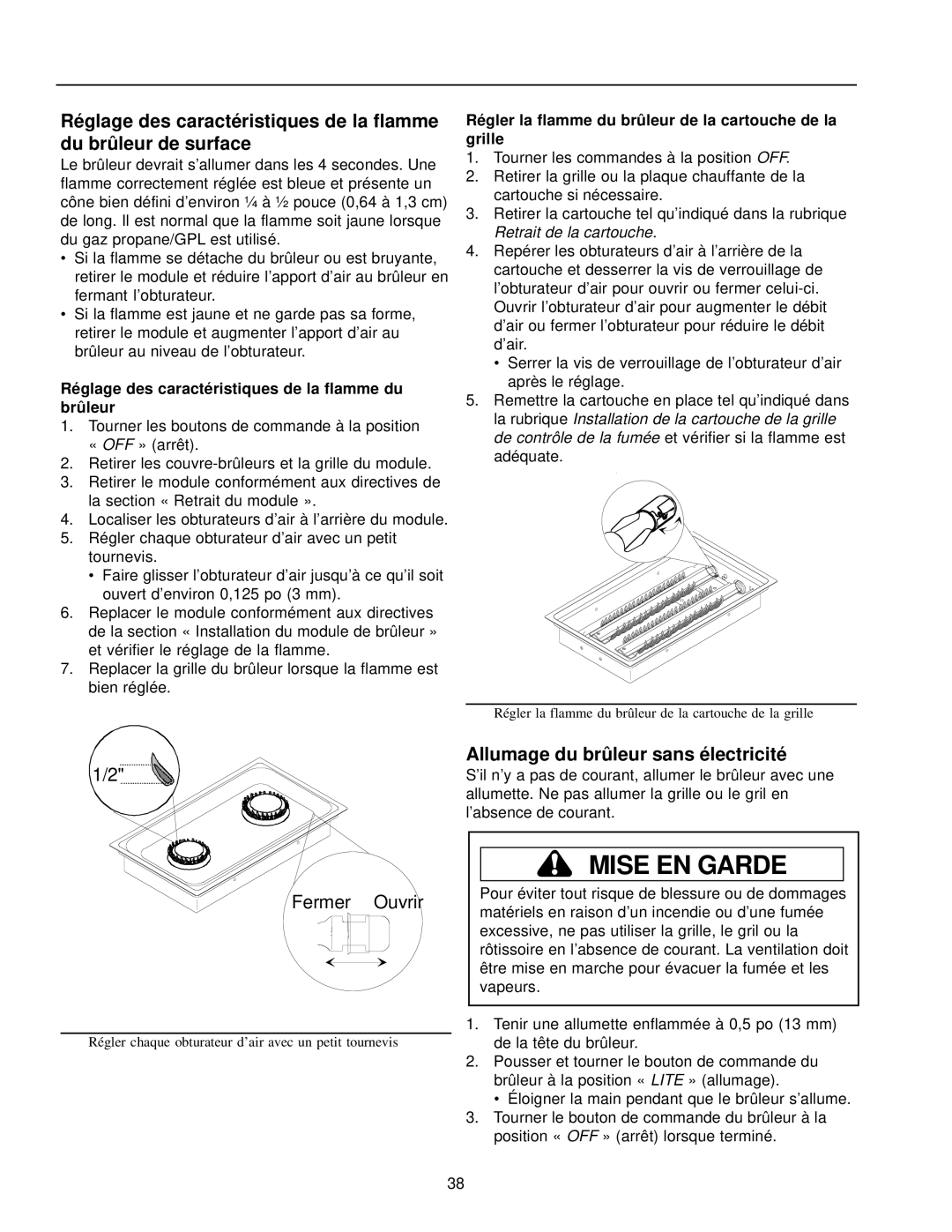 Amana AKGD3050 owner manual Allumage du brûleur sans électricité, Réglage des caractéristiques de la flamme du brûleur 