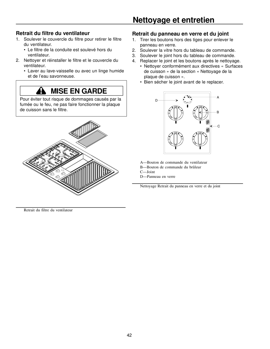 Amana AKGD3050 Nettoyage et entretien, Retrait du filtre du ventilateur, Retrait du panneau en verre et du joint 