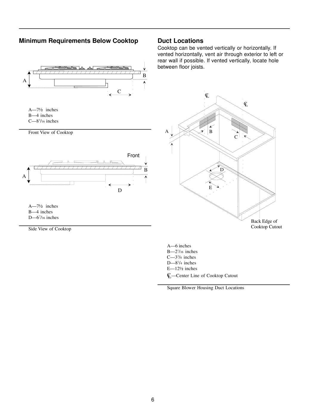 Amana AKGD3050 owner manual Minimum Requirements Below Cooktop Duct Locations, Front 