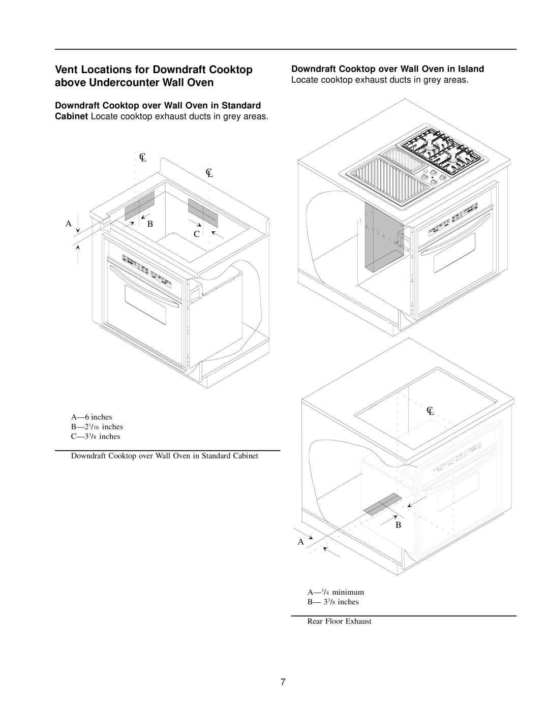 Amana AKGD3050 owner manual Downdraft Cooktop over Wall Oven in Island, Locate cooktop exhaust ducts in grey areas 