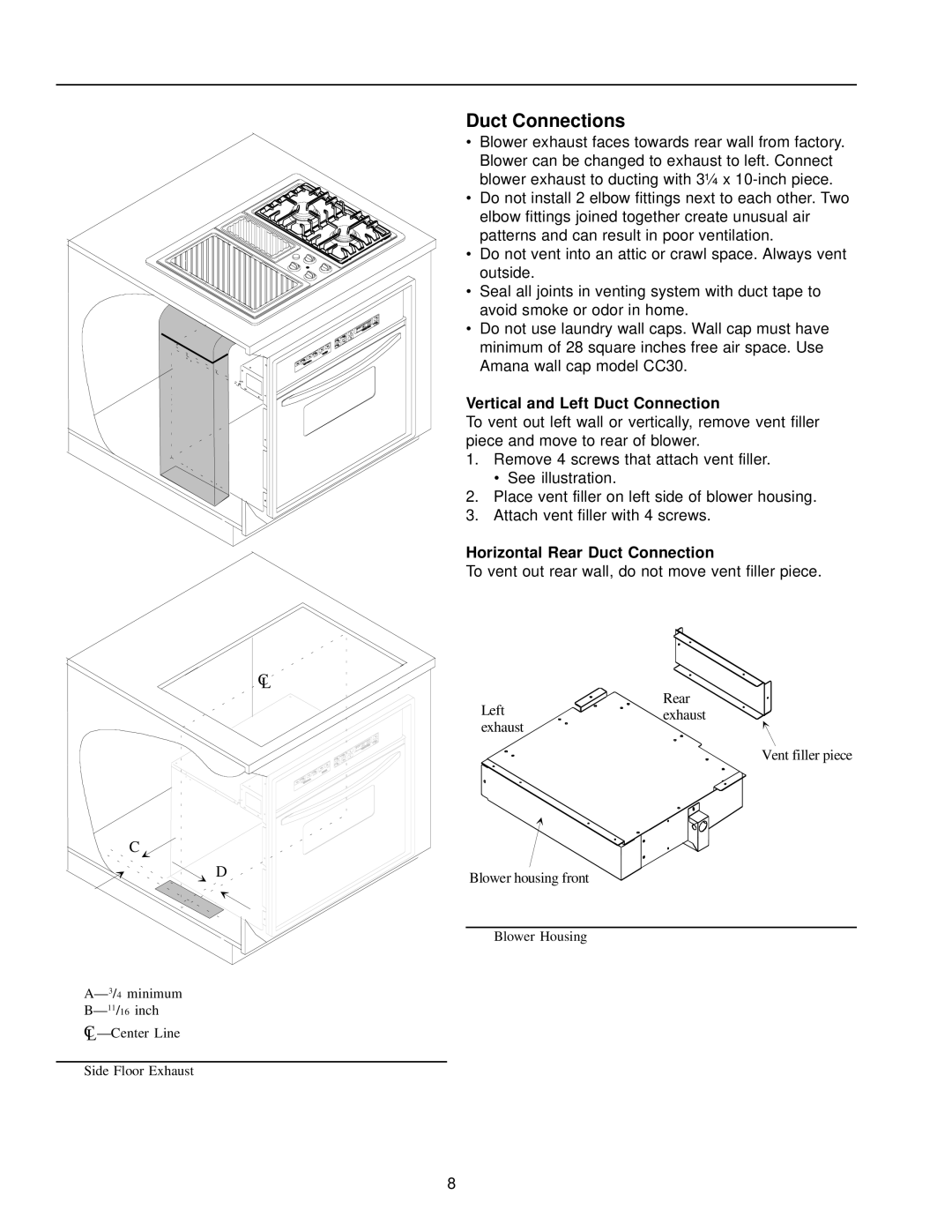 Amana AKGD3050 owner manual Duct Connections, Vertical and Left Duct Connection, Horizontal Rear Duct Connection 