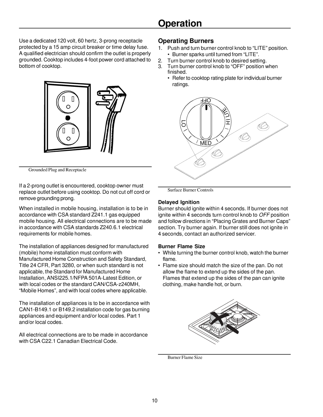 Amana AKS3020 owner manual Operation, Operating Burners, Delayed Ignition, Burner Flame Size 