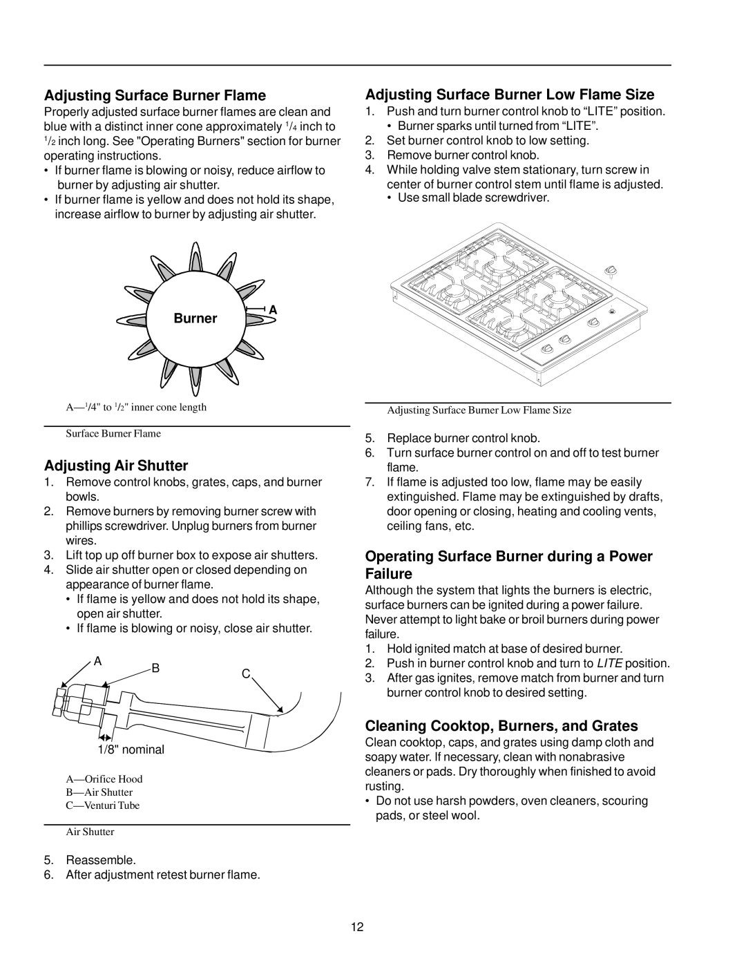 Amana AKS3020 owner manual Adjusting Surface Burner Flame, Adjusting Surface Burner Low Flame Size, Adjusting Air Shutter 