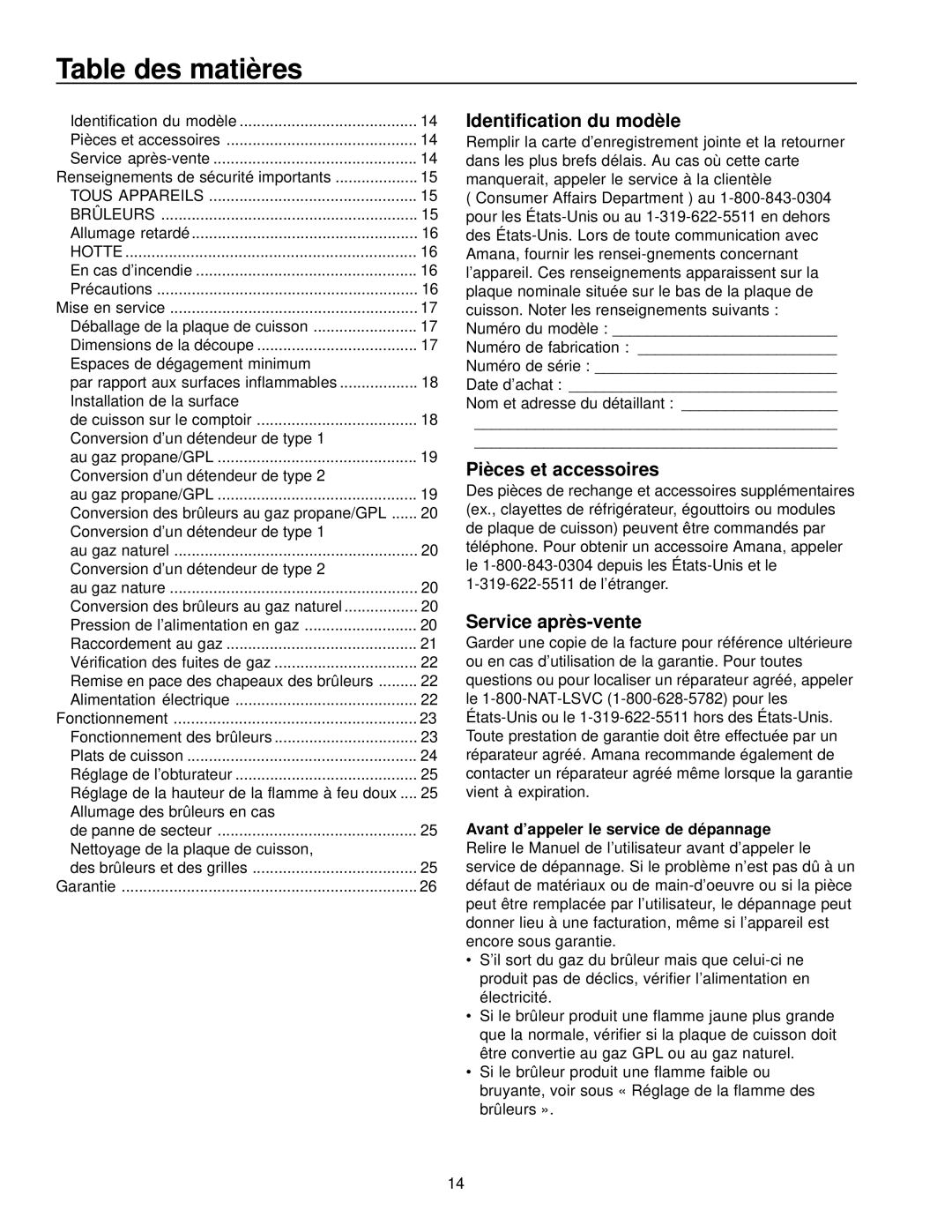 Amana AKS3020 owner manual Table des matières, Identification du modèle, Pièces et accessoires, Service après-vente 