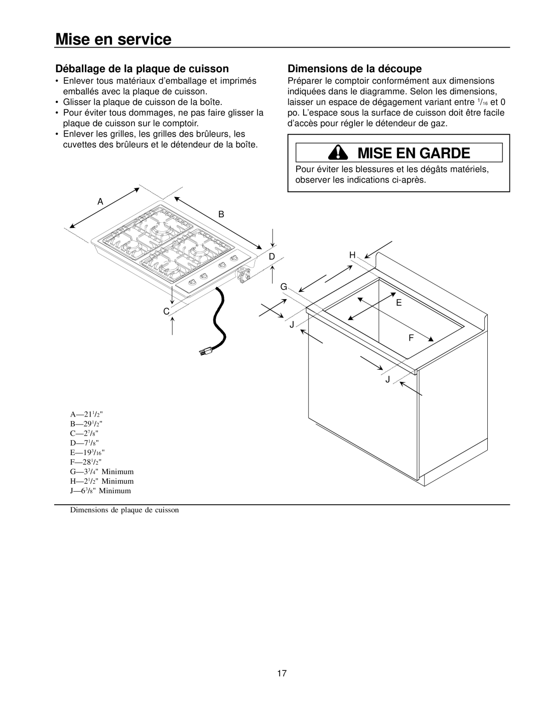 Amana AKS3020 owner manual Mise en service, Déballage de la plaque de cuisson, Dimensions de la découpe 