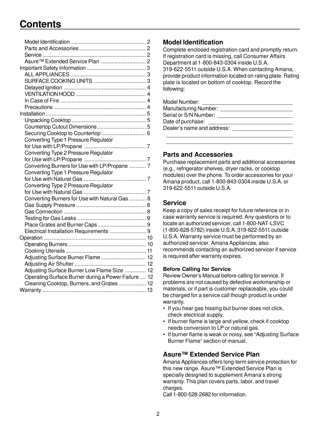 Amana AKS3020 owner manual Contents 