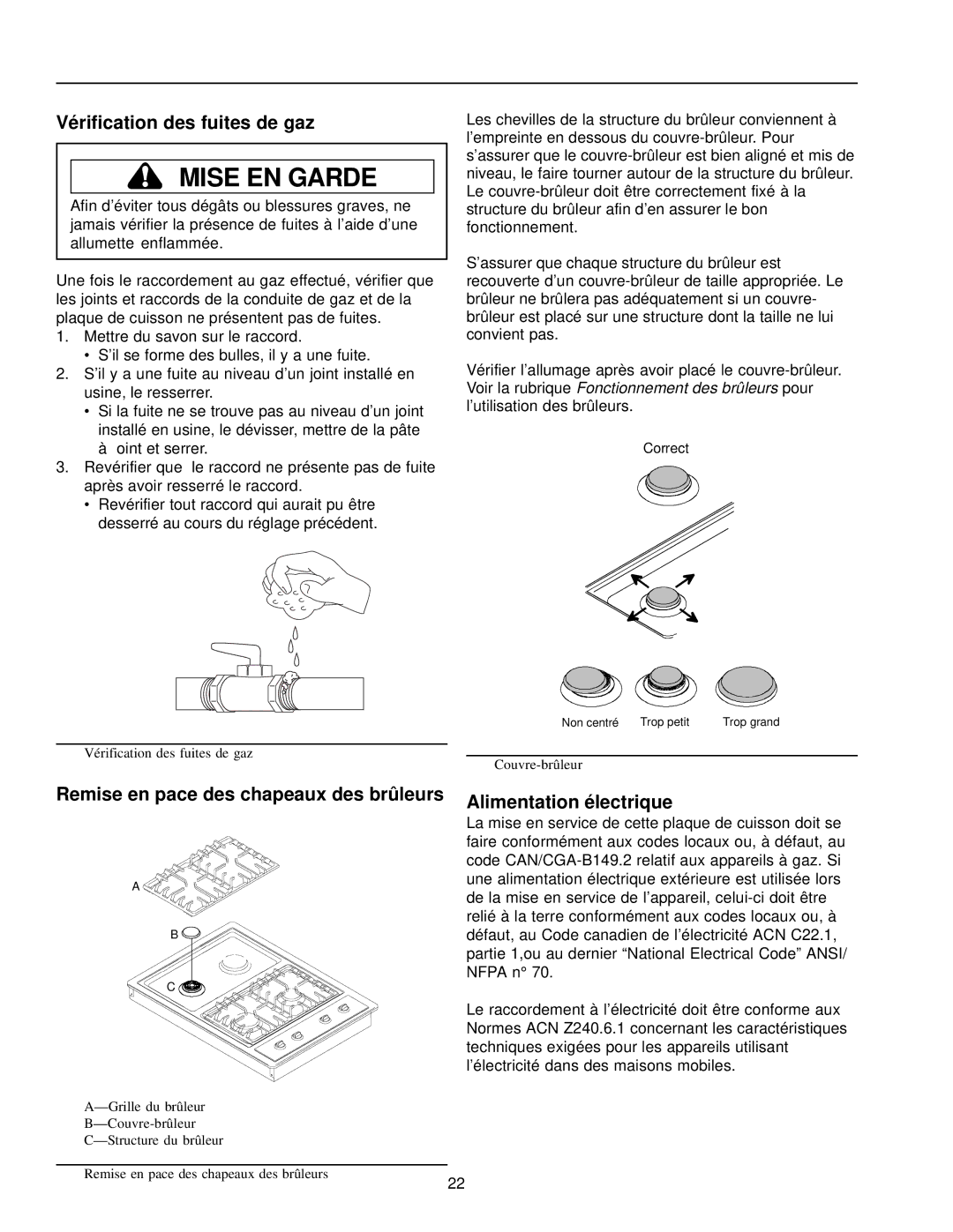 Amana AKS3020 Vérification des fuites de gaz, Remise en pace des chapeaux des brûleurs, Alimentation électrique 