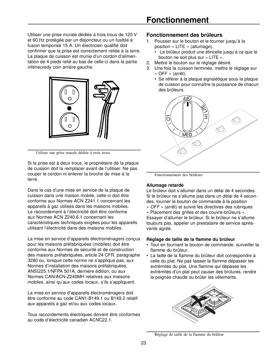 Amana AKS3020 owner manual Fonctionnement des brûleurs, Allumage retardé, Réglage de taille de la flamme du brûleur 