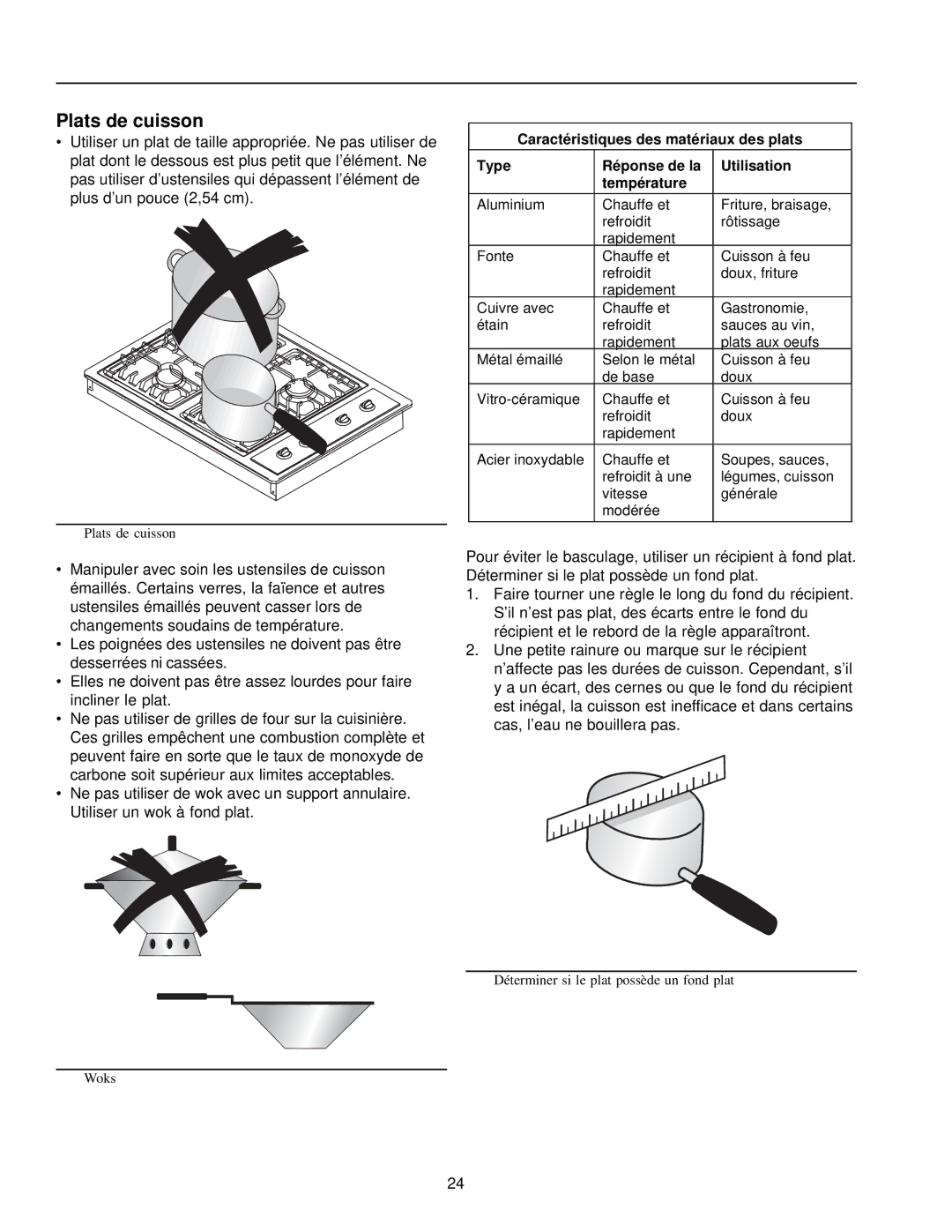 Amana AKS3020 owner manual Plats de cuisson 