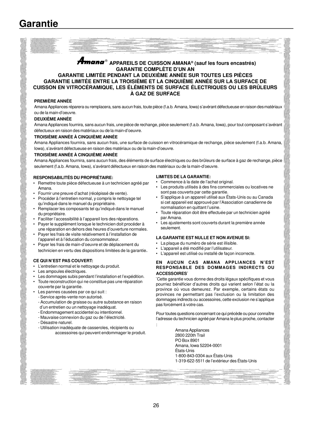 Amana AKS3020 owner manual Garantie, Appareils DE Cuisson Amana sauf les fours encastrés 