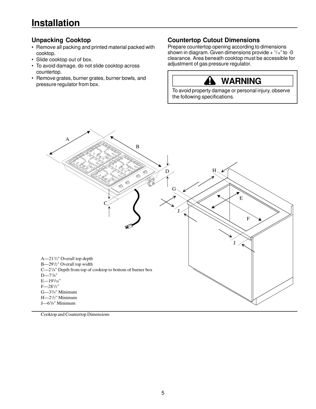 Amana AKS3020 owner manual Installation, Unpacking Cooktop, Countertop Cutout Dimensions 