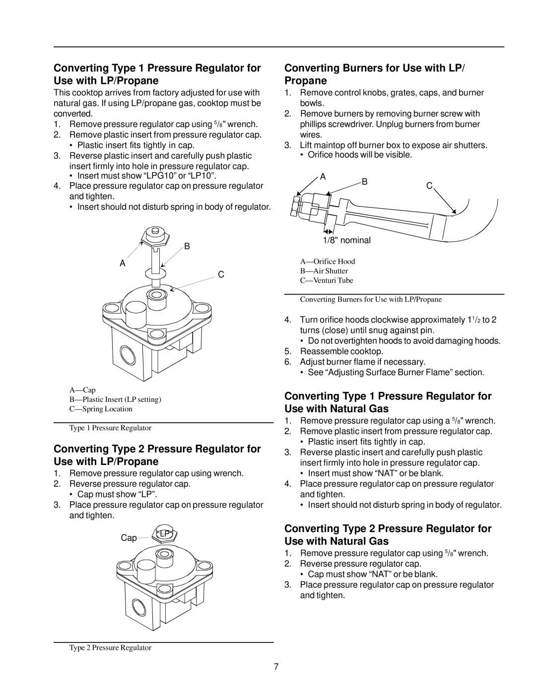 Amana AKS3020 Converting Type 1 Pressure Regulator for Use with LP/Propane, Converting Burners for Use with LP/ Propane 