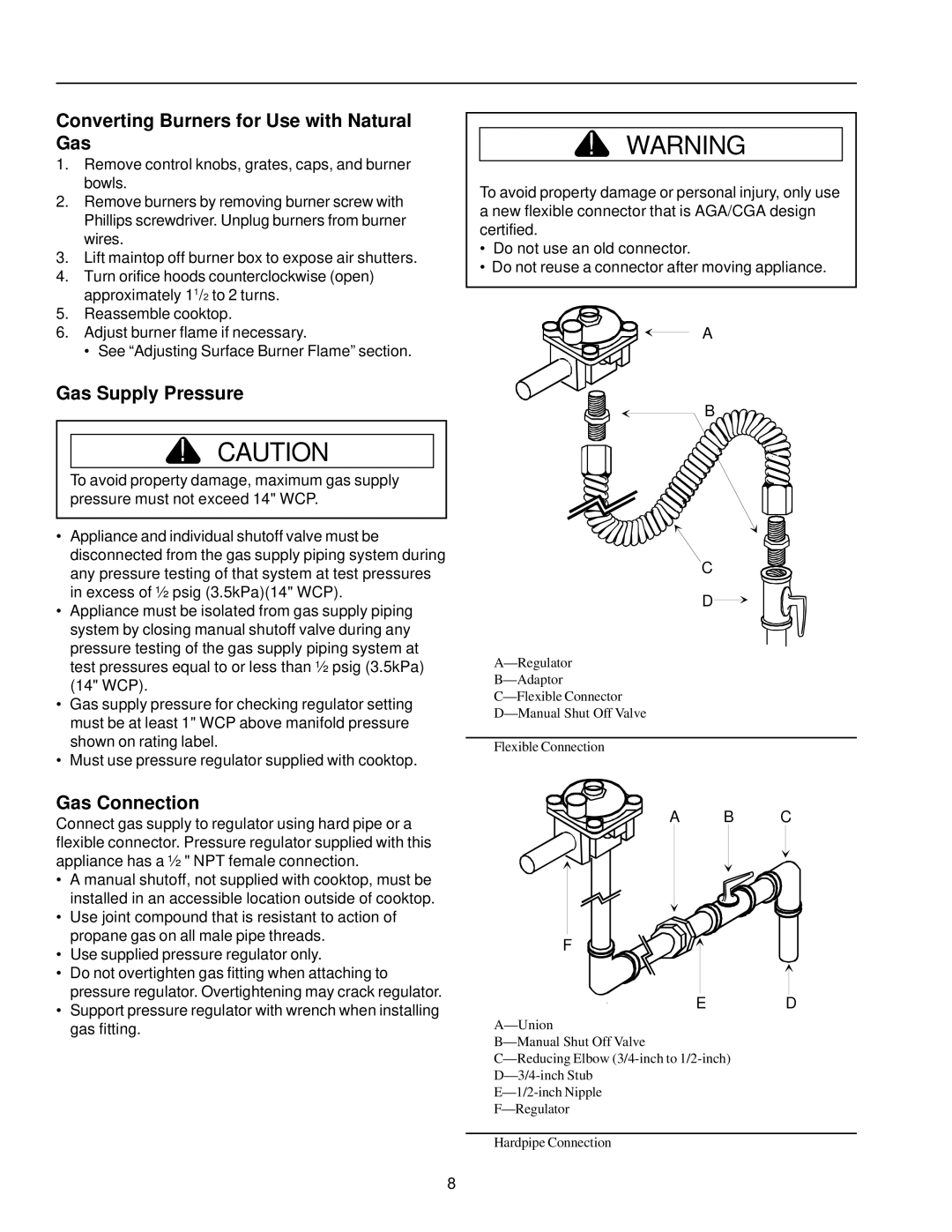 Amana AKS3020 owner manual Converting Burners for Use with Natural Gas, Gas Supply Pressure, Gas Connection 