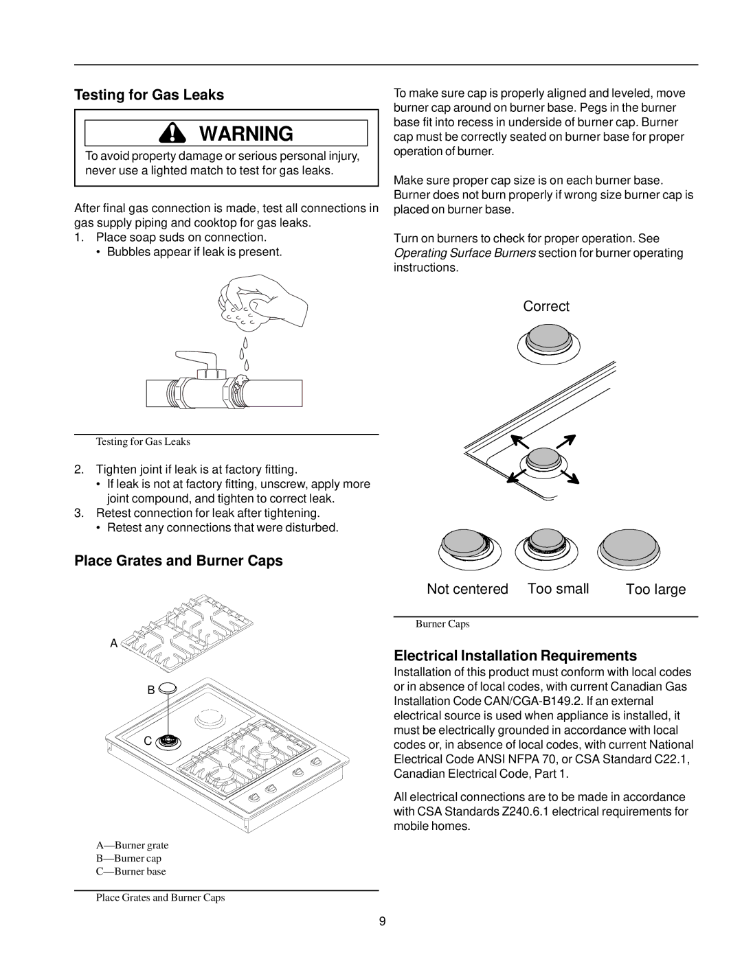 Amana AKS3020 owner manual Testing for Gas Leaks, Place Grates and Burner Caps, Electrical Installation Requirements 