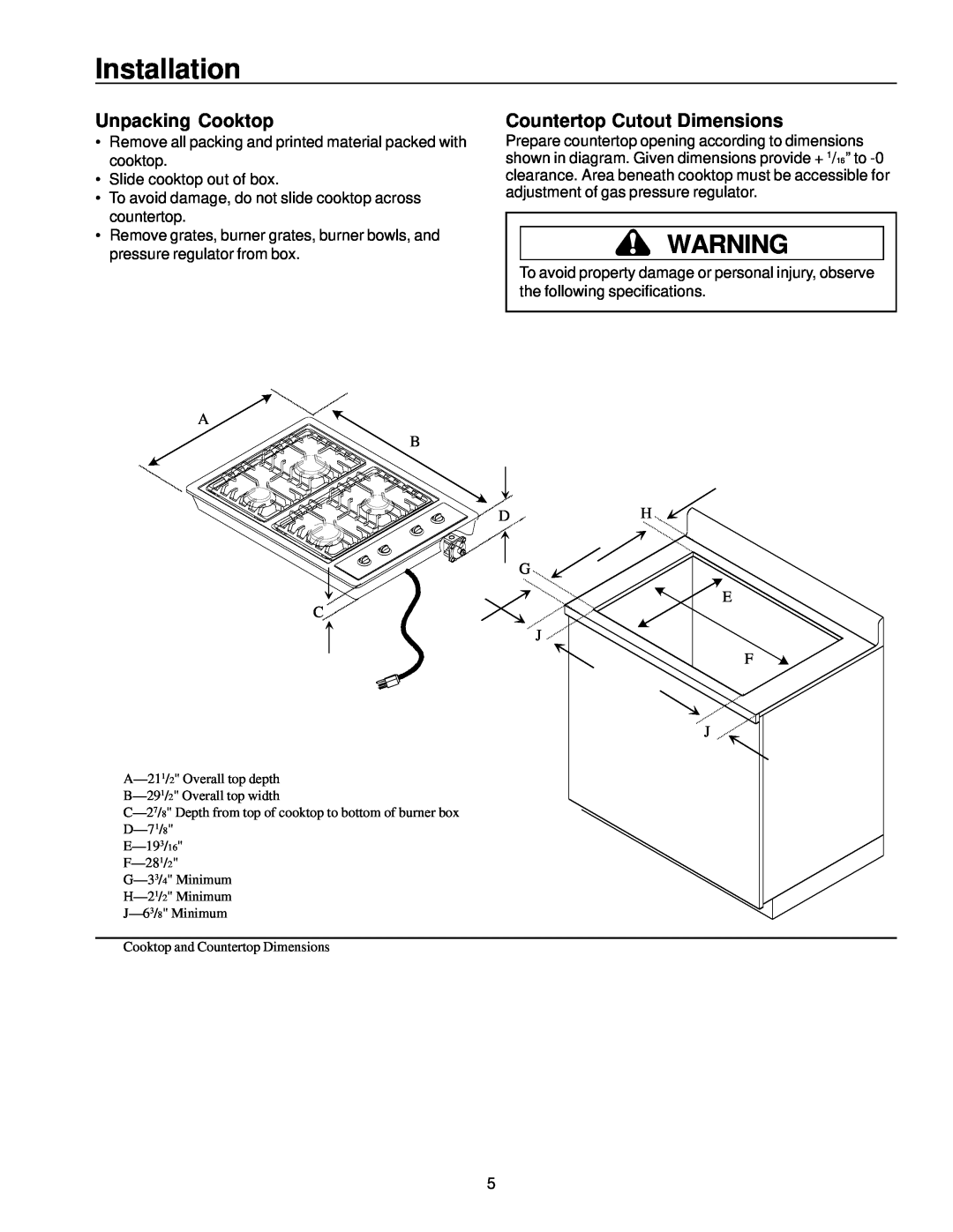 Amana AKS3020 owner manual Installation, Unpacking Cooktop, Countertop Cutout Dimensions 