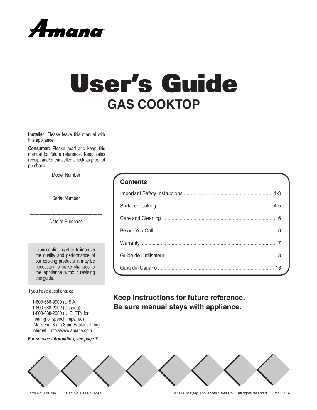 Amana AKS3040, AKS3640 important safety instructions User’s Guide, Contents 