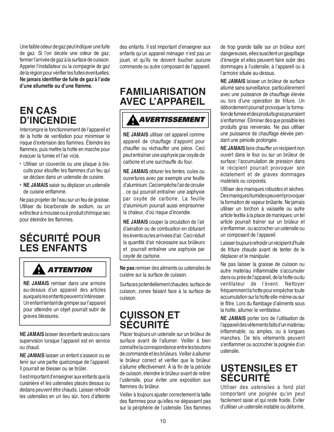 Amana AKS3040, AKS3640 En Cas ’Incendie, Sécurité Pour LES Enfants, Cuisson ET Sécurité, Ustensiles ET Sécurité 