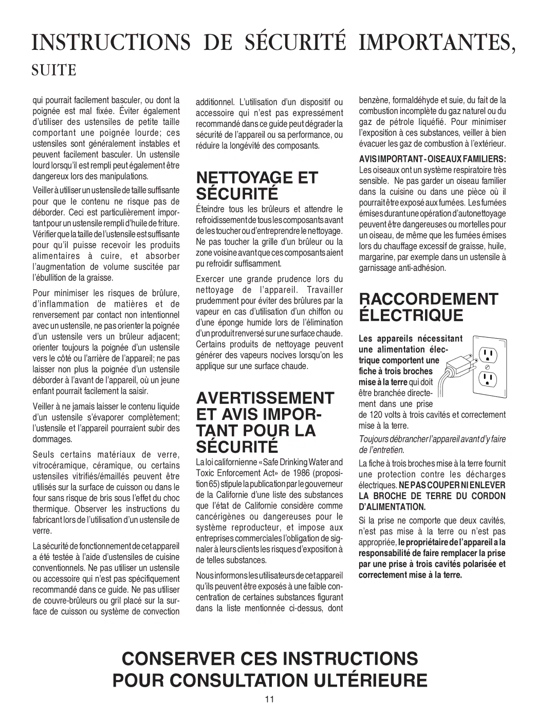 Amana AKS3640, AKS3040 Nettoyage ET Sécurité, Avertissement ET Avis IMPOR- Tant Pour LA Sécurité, Raccordement Électrique 