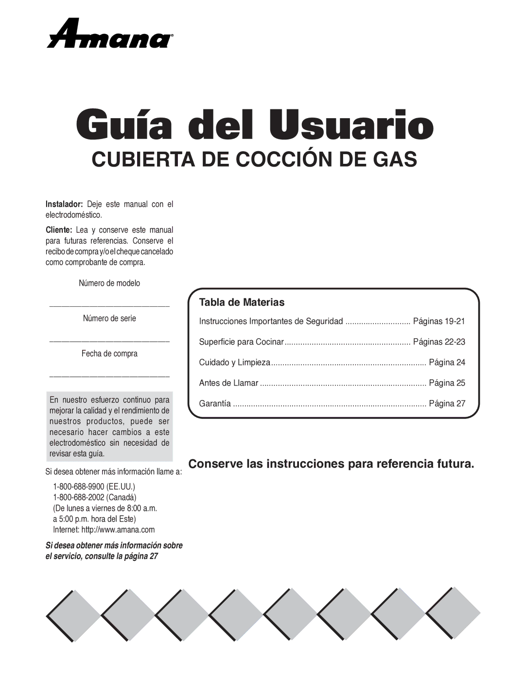 Amana AKS3040, AKS3640 Tabla de Materias, Instalador Deje este manual con el electrodoméstico, Canadá, Página 