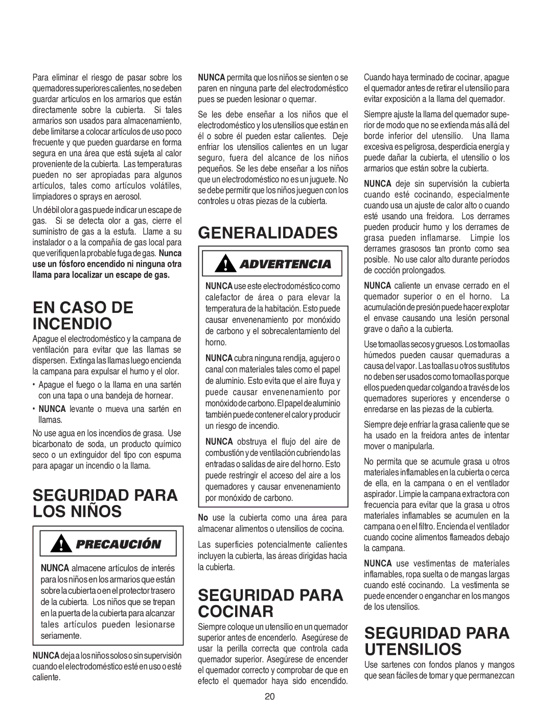 Amana AKS3040, AKS3640 EN Caso DE Incendio, Seguridad Para LOS Niños, Generalidades, Seguridad Para Cocinar 