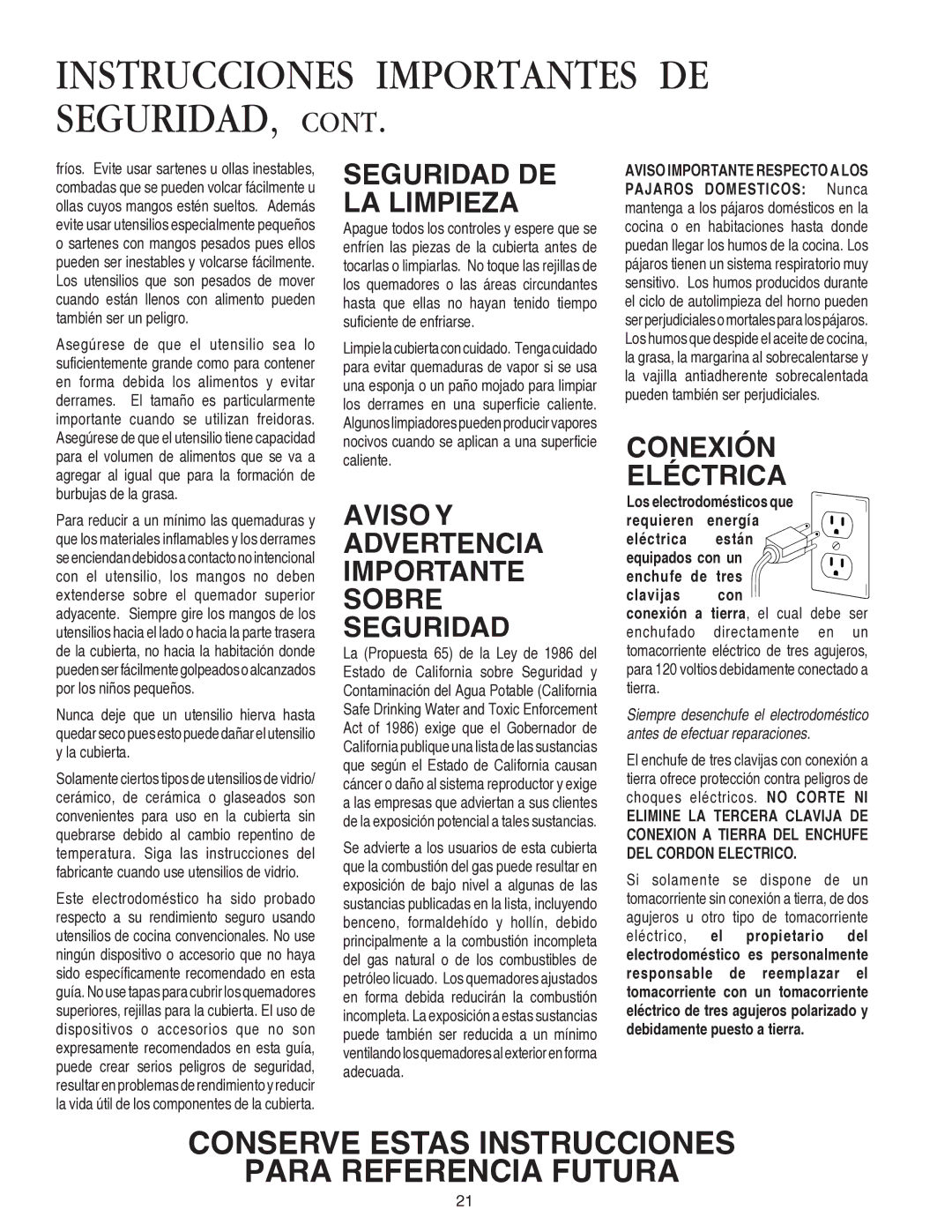 Amana AKS3640, AKS3040 Instrucciones Importantes DE SEGURIDAD, Seguridad DE LA Limpieza, Conexión Eléctrica 