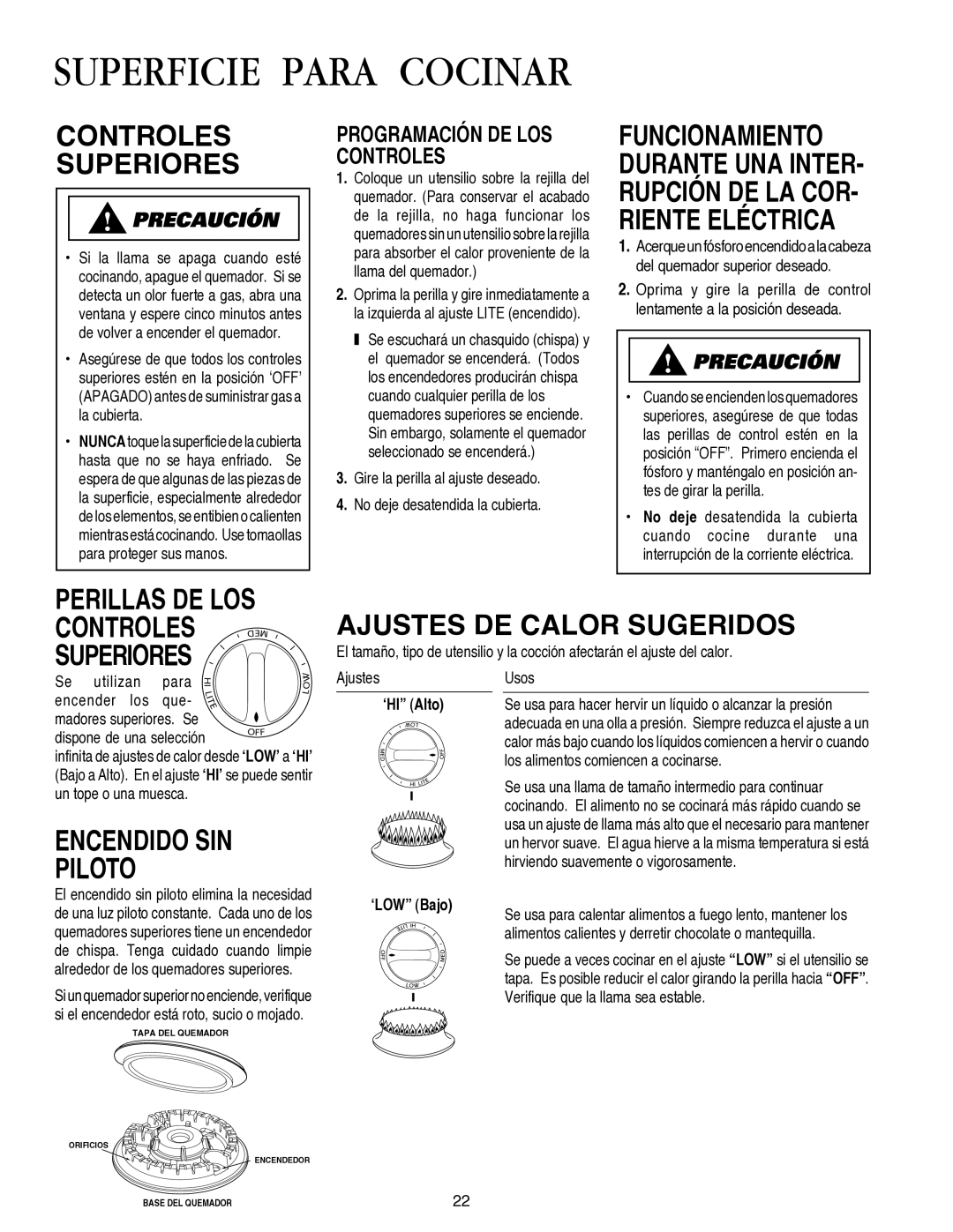 Amana AKS3040, AKS3640 Superficie Para Cocinar, Controles Superiores, Ajustes DE Calor Sugeridos, Encendido SIN Piloto 