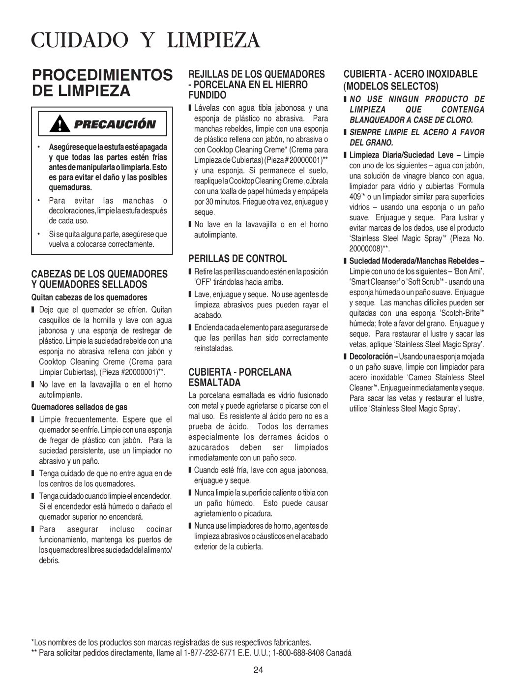 Amana AKS3040, AKS3640 Cuidado Y Limpieza, Procedimientos DE Limpieza, Porcelana EN EL Hierro Fundido, Perillas DE Control 