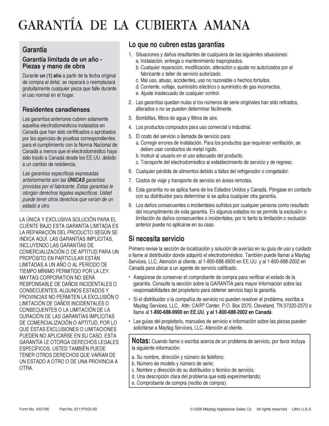 Amana AKS3640 Garantía DE LA Cubierta Amana, Residentes canadienses, Garantía limitada de un año Piezas y mano de obra 