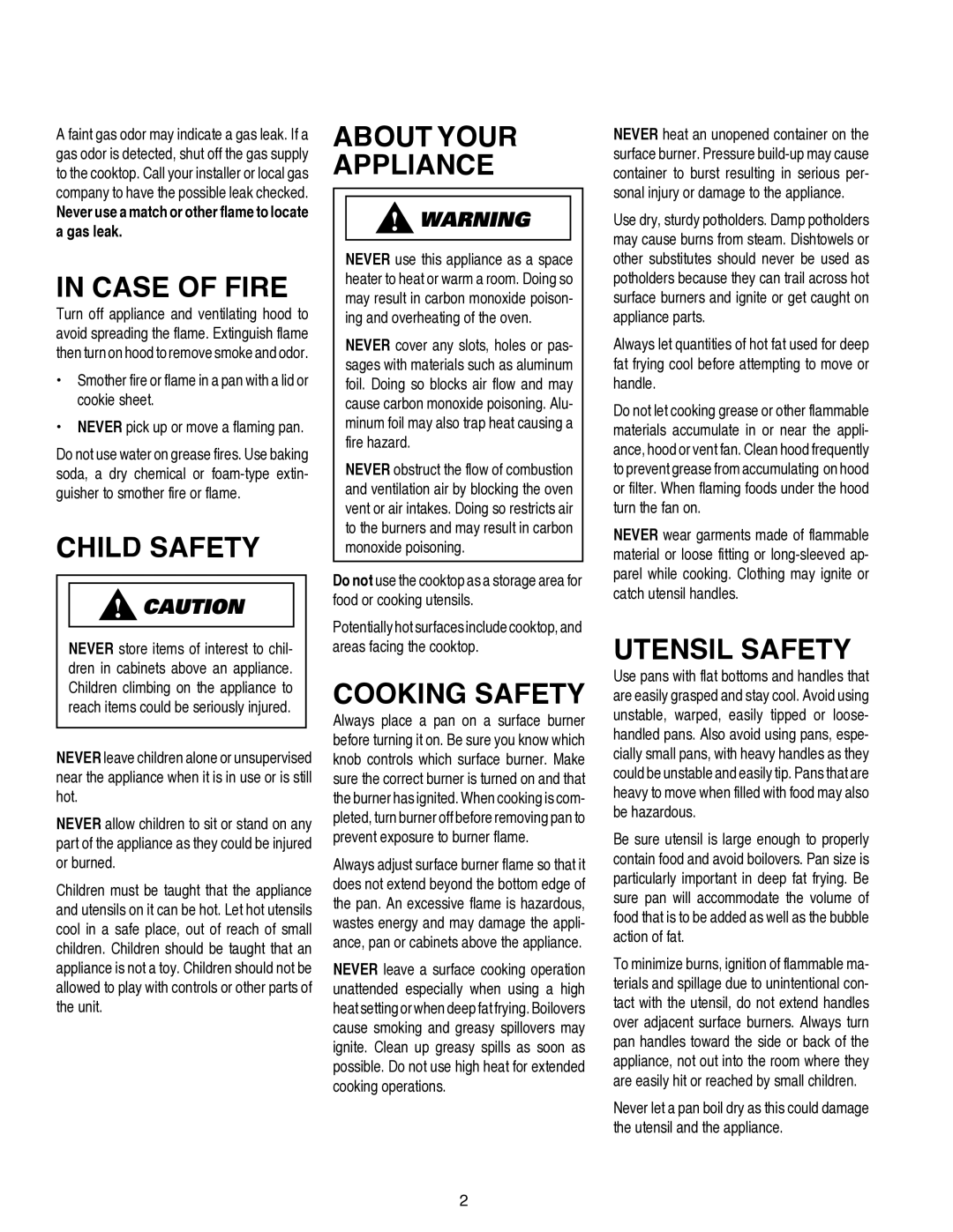 Amana AKS3040, AKS3640 Case of Fire, Child Safety, About Your Appliance, Cooking Safety, Utensil Safety 