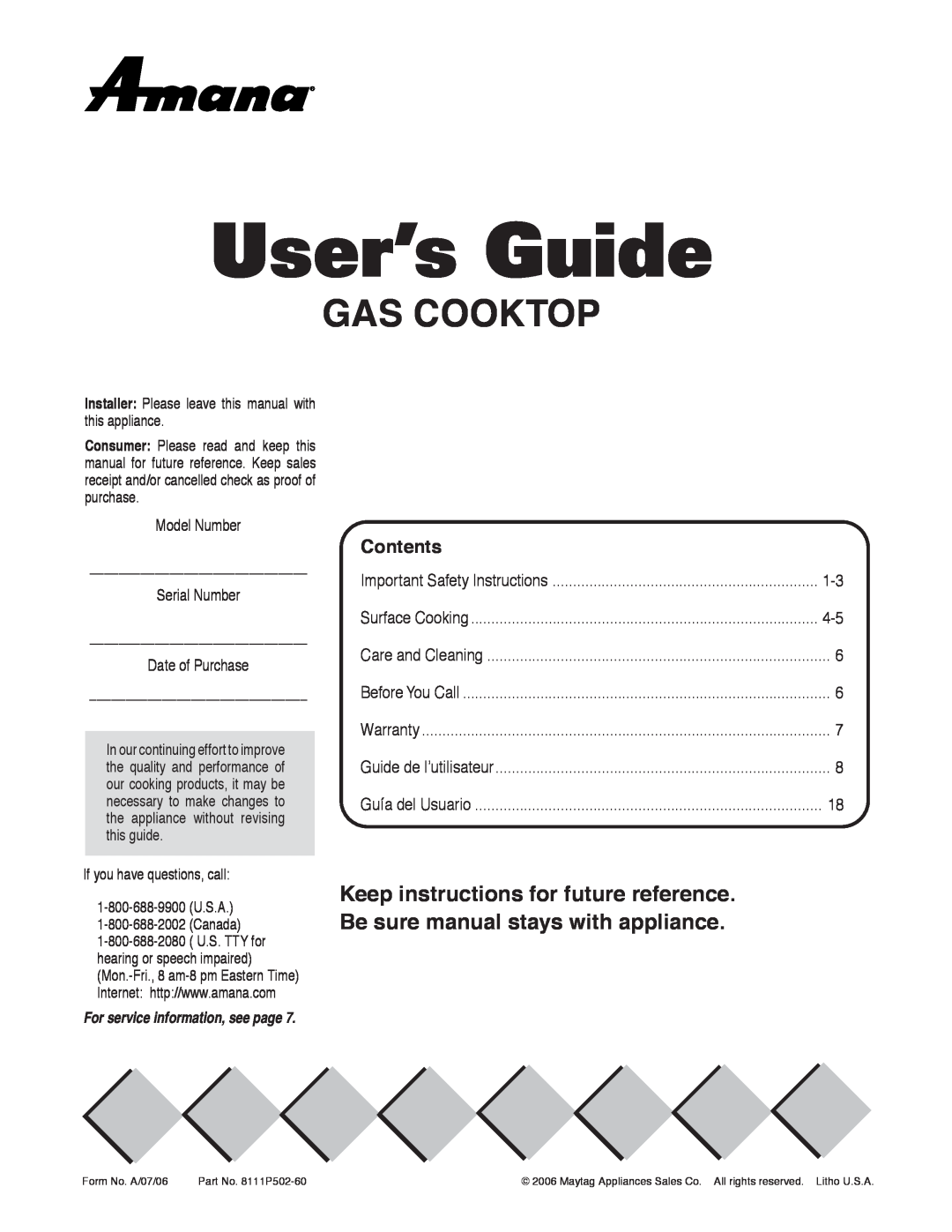 Amana AKS3040 important safety instructions User’s Guide, Gas Cooktop, Contents, For service information, see page 