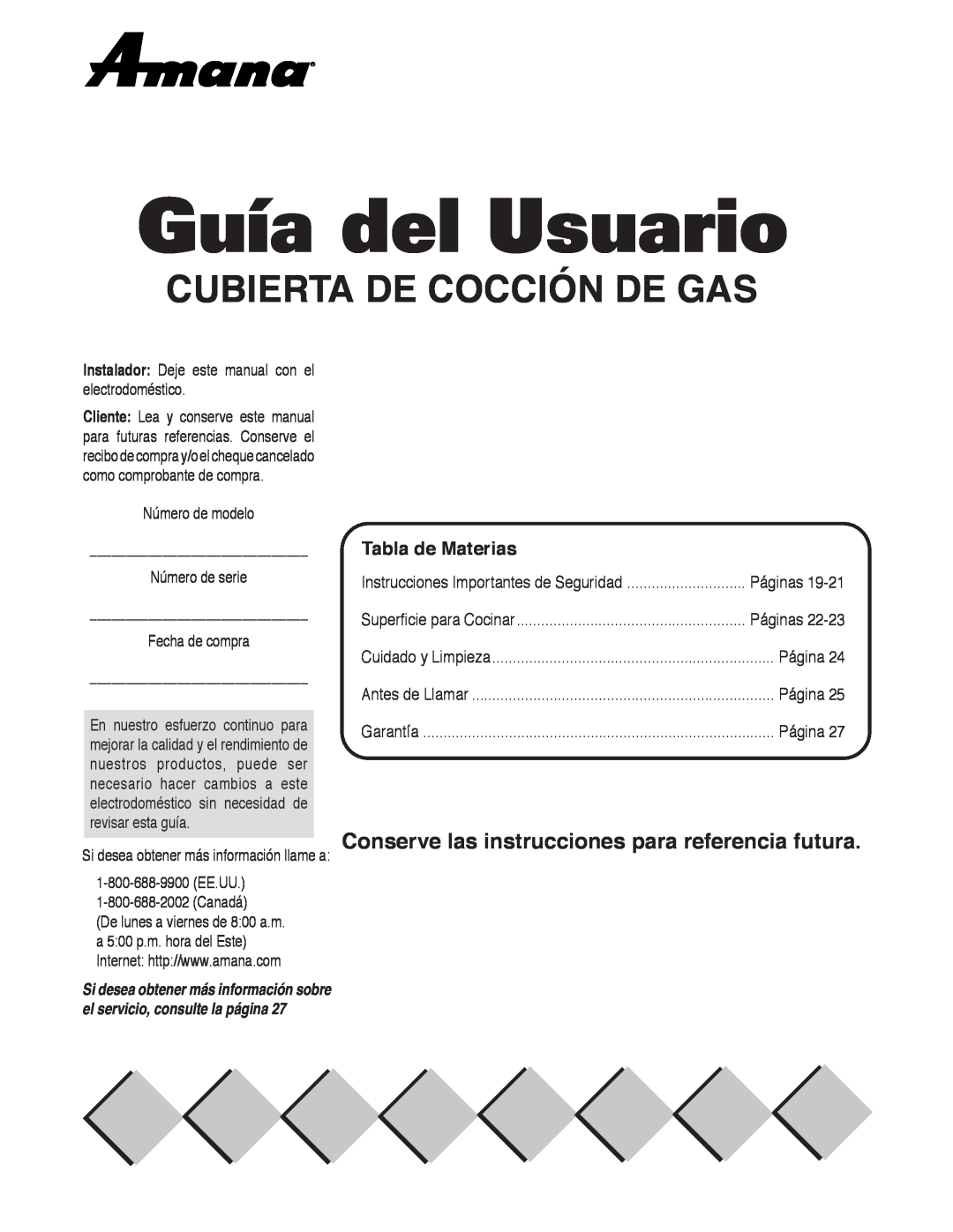 Amana AKS3040, AKS3640 Guía del Usuario, Cubierta De Cocción De Gas, Conserve las instrucciones para referencia futura 
