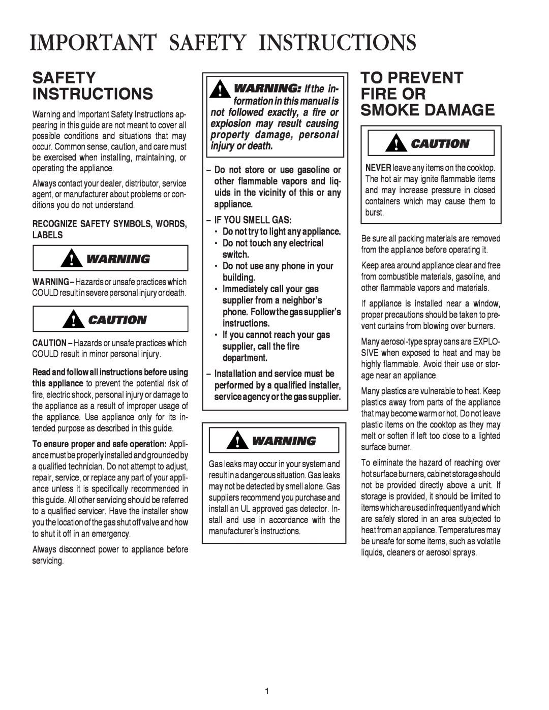 Amana AKS3640, AKS3040 Important Safety Instructions, To Prevent Fire Or Smoke Damage, If You Smell Gas 