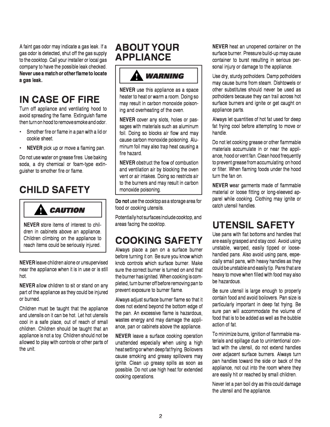 Amana AKS3040, AKS3640 In Case Of Fire, Child Safety, About Your Appliance, Cooking Safety, Utensil Safety 