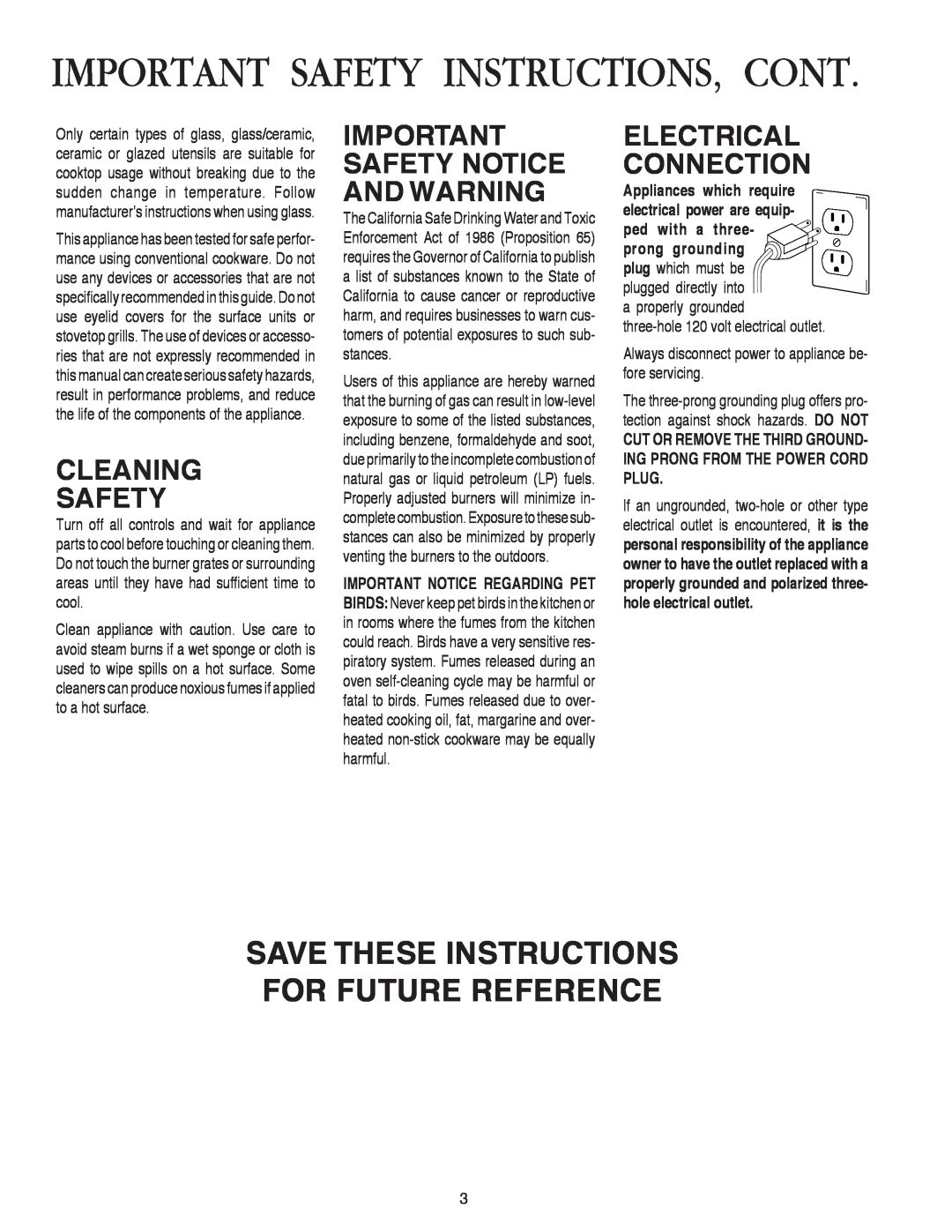 Amana AKS3640, AKS3040 Important Safety Instructions, Cont, Save These Instructions For Future Reference, Cleaning Safety 