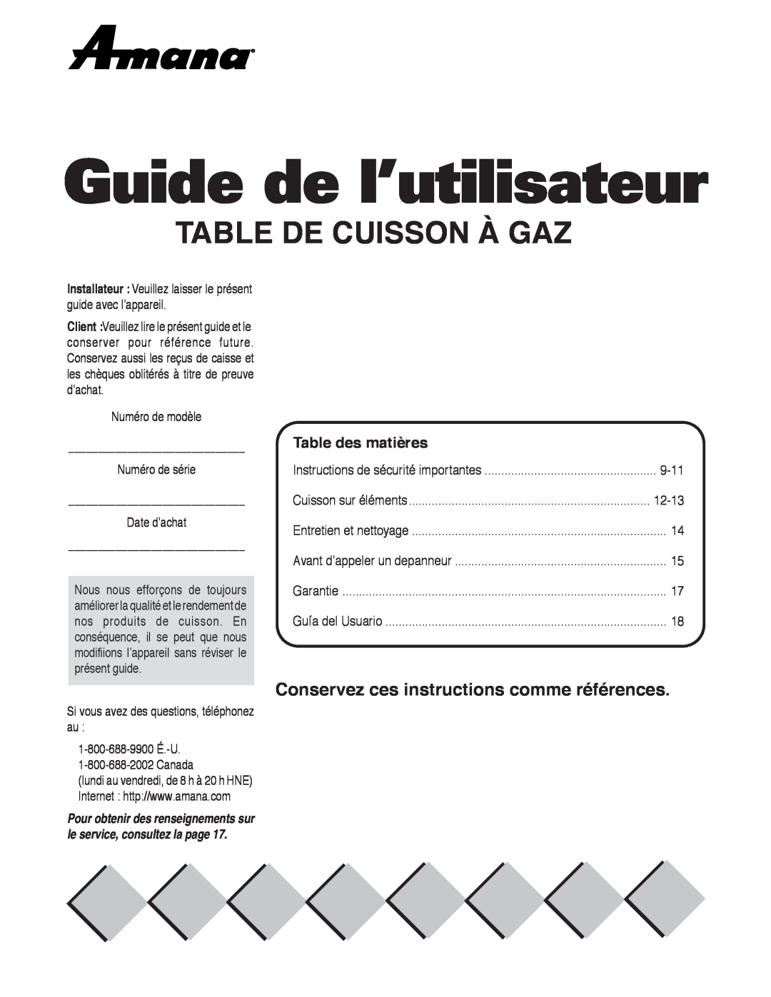 Amana AKS3040, AKS3640 Guide de l’utilisateur, Table De Cuisson À Gaz, Conservez ces instructions comme références 