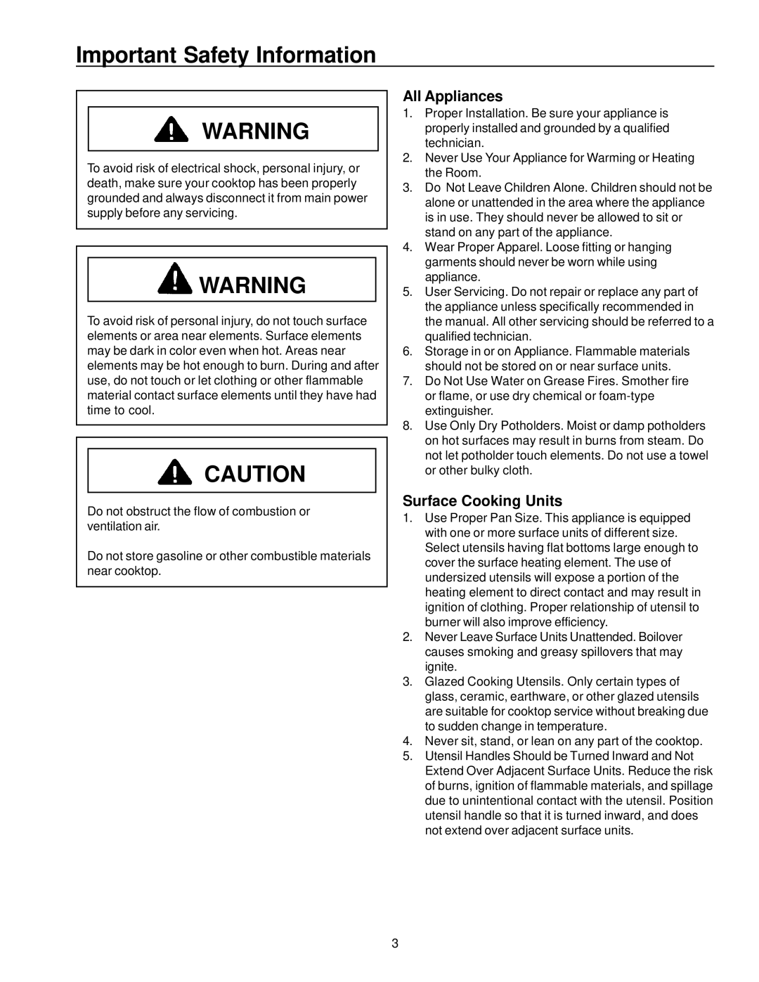 Amana AK2H30*, AKT3000*, AK2H36, AK2T36*, AK2T30* Important Safety Information, All Appliances, Surface Cooking Units 