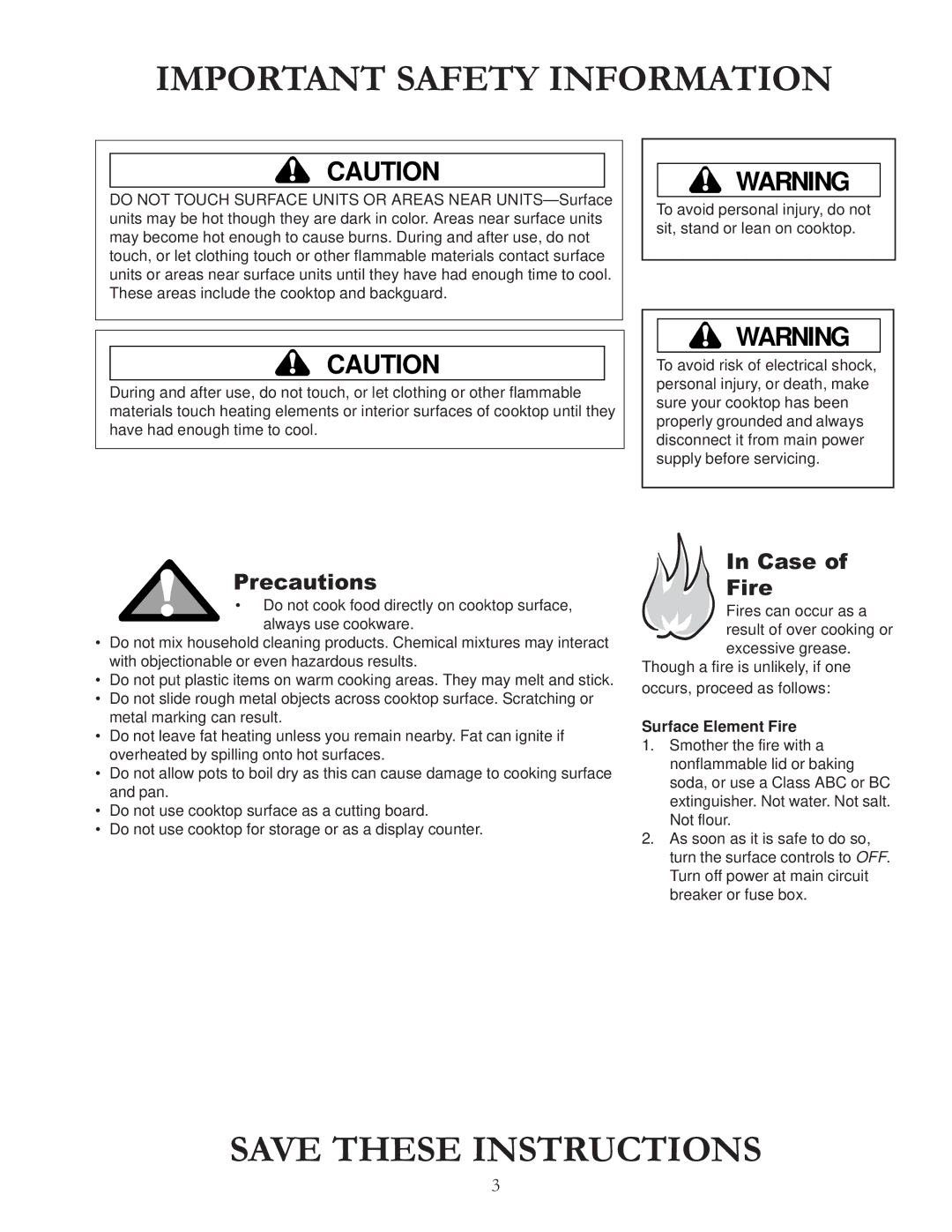 Amana AKT3630, AKT3040, AKT3020, AKT3650 owner manual Precautions, Case Fire, Surface Element Fire 