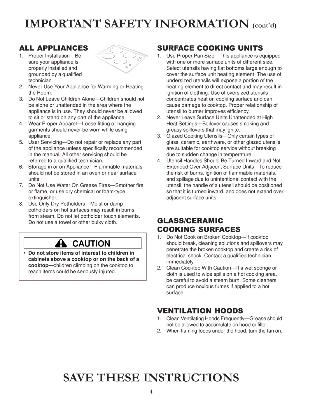 Amana AKT3040, AKT3020, AKT3650, AKT3630 owner manual Important Safety Information contd, ALL Appliances 