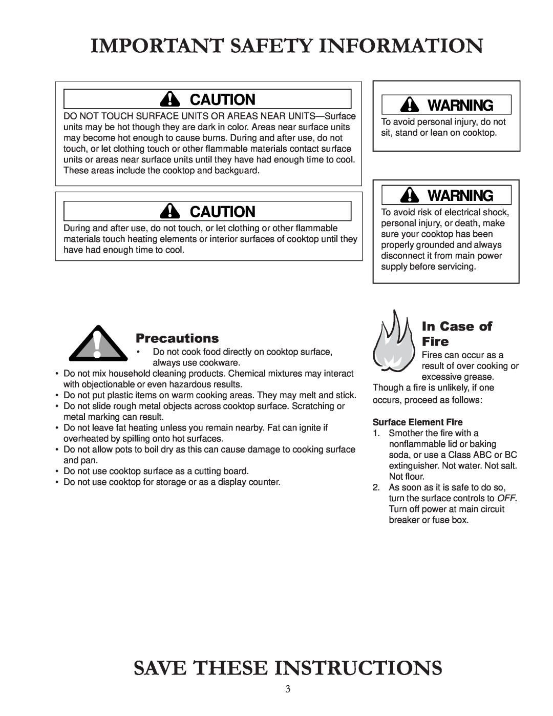 Amana AKT3630 Important Safety Information, Save These Instructions, Precautions, In Case of Fire, Surface Element Fire 
