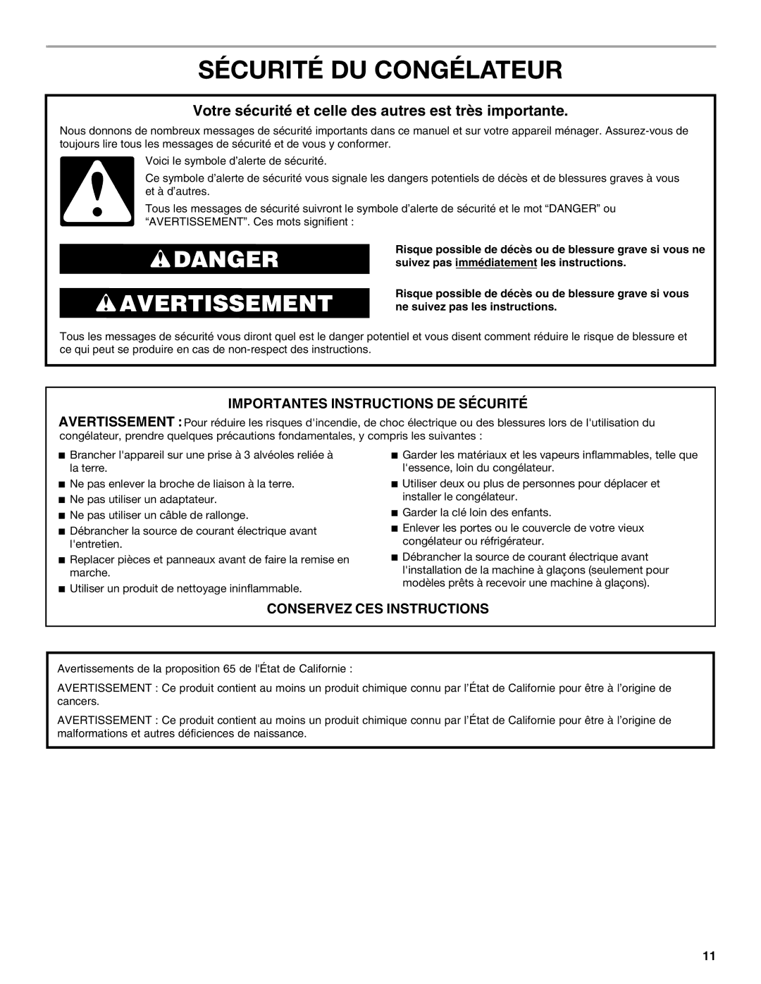 Amana amana manual Sécurité DU Congélateur, Votre sécurité et celle des autres est très importante 